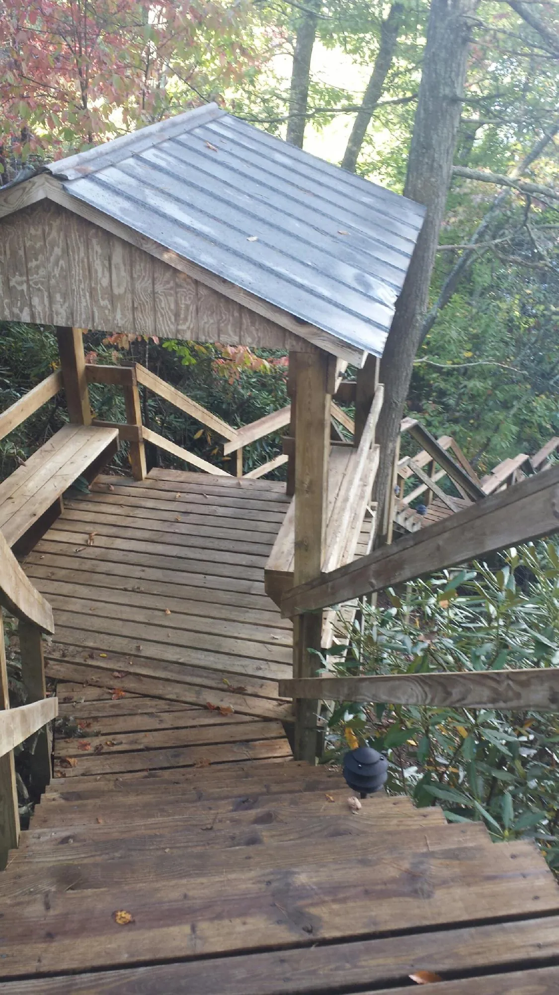 Metal roofed shelter over wooden steps on a wooded walkway — Skylight Repair & Installation work by our crew in Cotuit